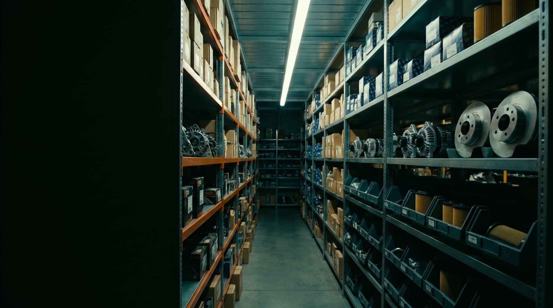 Aisle in an auto parts warehouse, shelves stacked with boxed components