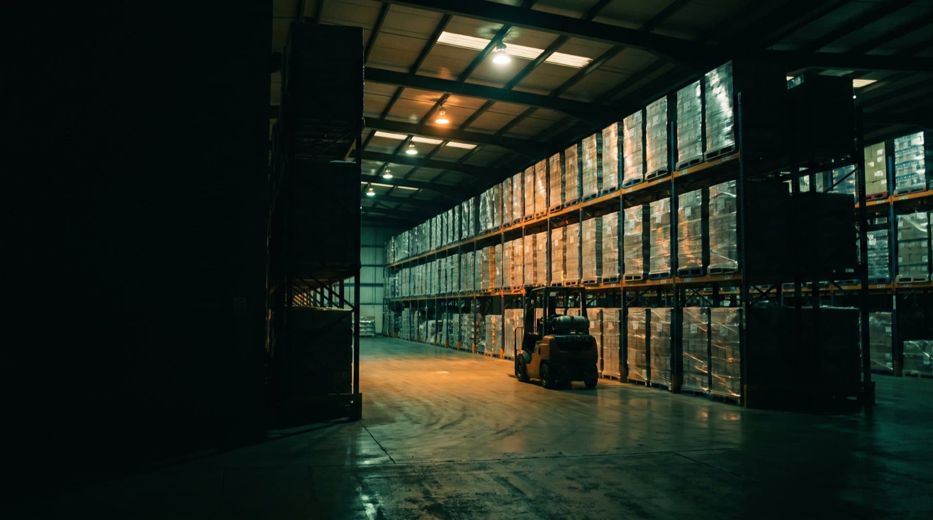 Rows of shrink-wrapped pallets in a wholesale distribution centre